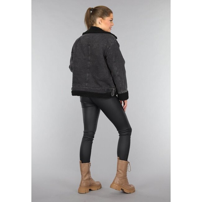 Grauer Denim-Lammy-Mantel mit Schnallendetails