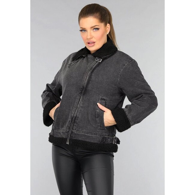 Grauer Denim-Lammy-Mantel mit Schnallendetails