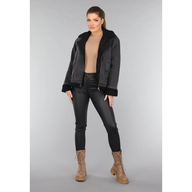 Grauer Denim-Lammy-Mantel mit Schnallendetails