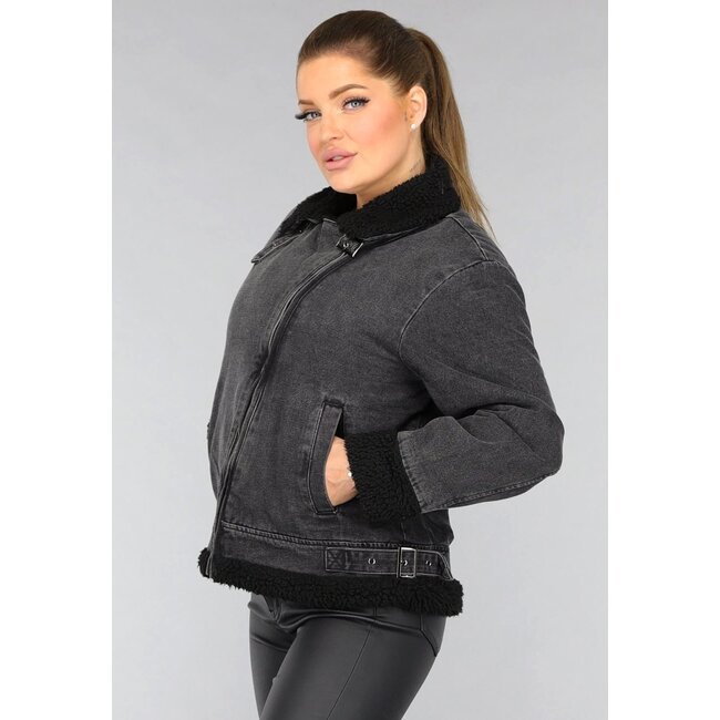 Grauer Denim-Lammy-Mantel mit Schnallendetails