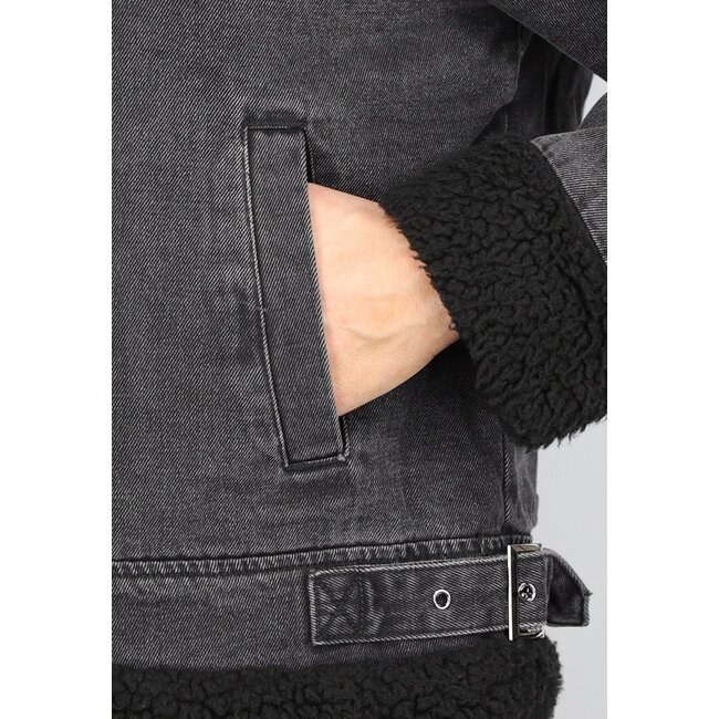 Grauer Denim-Lammy-Mantel mit Schnallendetails