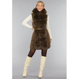 Langer Kunstfell-Bodywarmer in Camel mit Gürtel