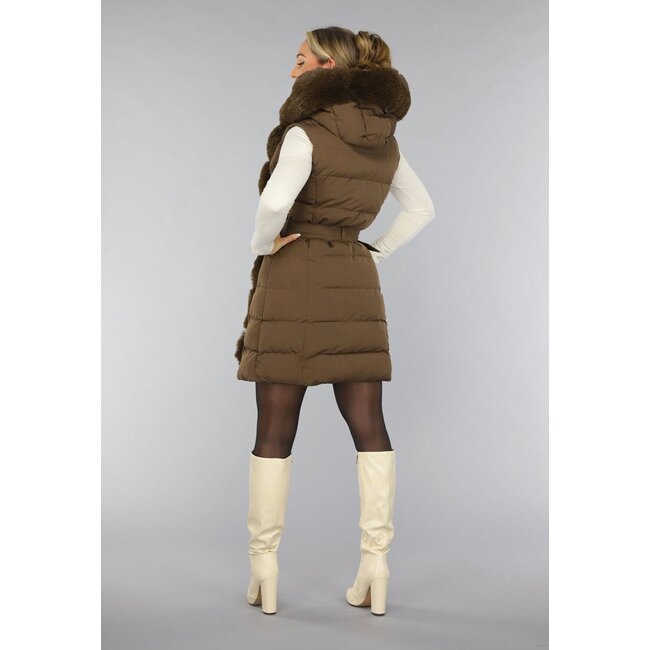 Langer Kunstfell-Bodywarmer in Camel mit Gürtel