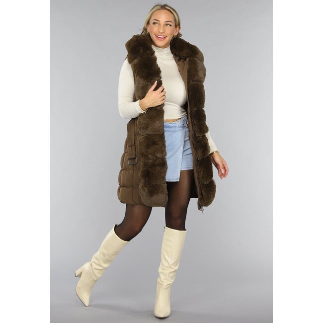 Langer Kunstfell-Bodywarmer in Camel mit Gürtel