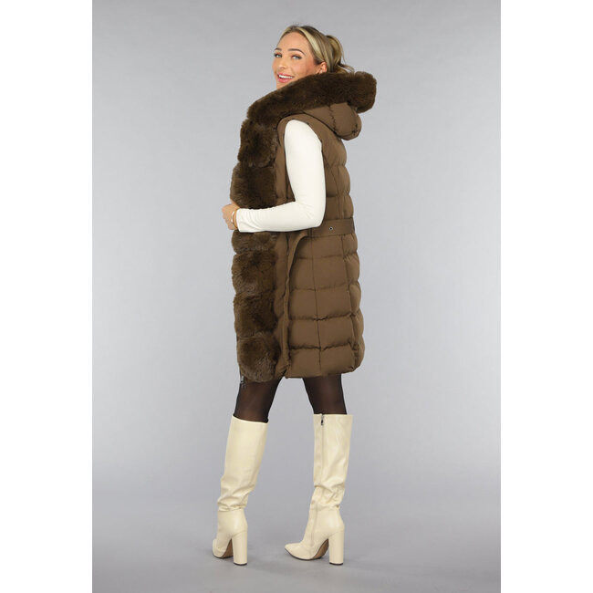 Langer Kunstfell-Bodywarmer in Camel mit Gürtel