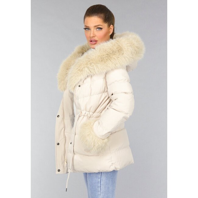 Beige gesteppter Kunstfell-Wintermantel