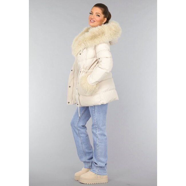 Beige gesteppter Kunstfell-Wintermantel