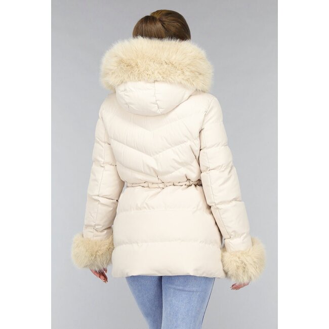 Beige gesteppter Kunstfell-Wintermantel