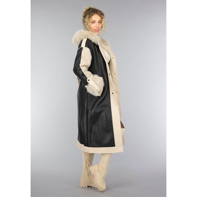 Schwarzer Teddy Trenchcoat mit Pelzkragen