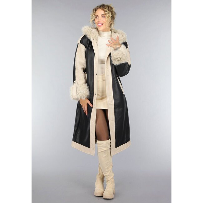 Schwarzer Teddy Trenchcoat mit Pelzkragen