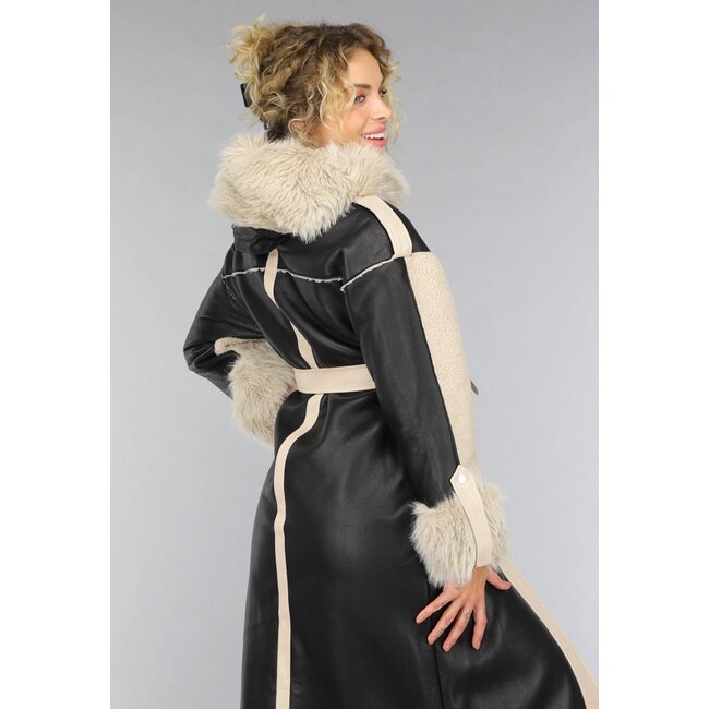 Schwarzer Teddy Trenchcoat mit Pelzkragen