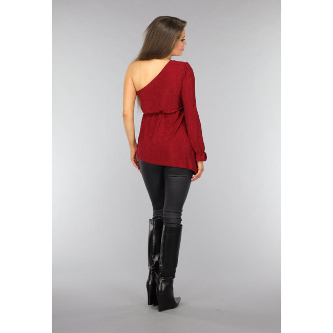 Rotes One-Shoulder-Glitzer-Top