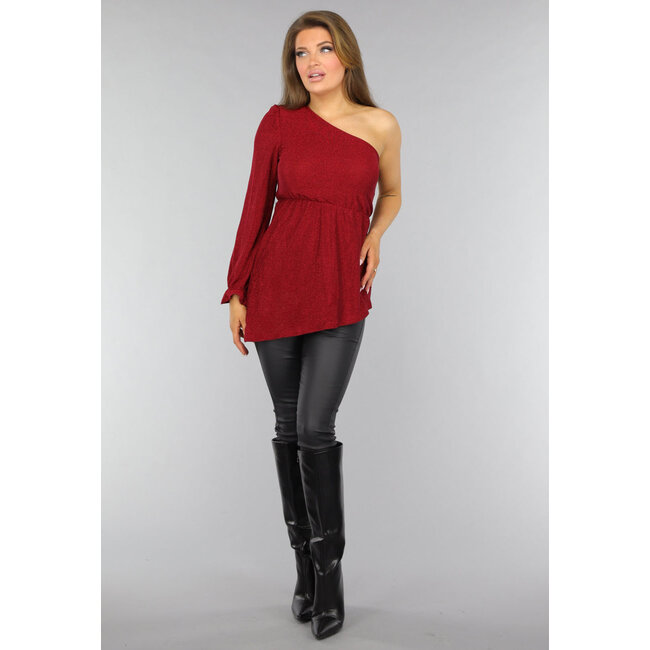 Rotes One-Shoulder-Glitzer-Top
