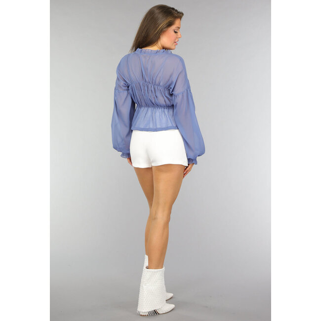 Blaue See-Through-Bluse mit Puffärmeln