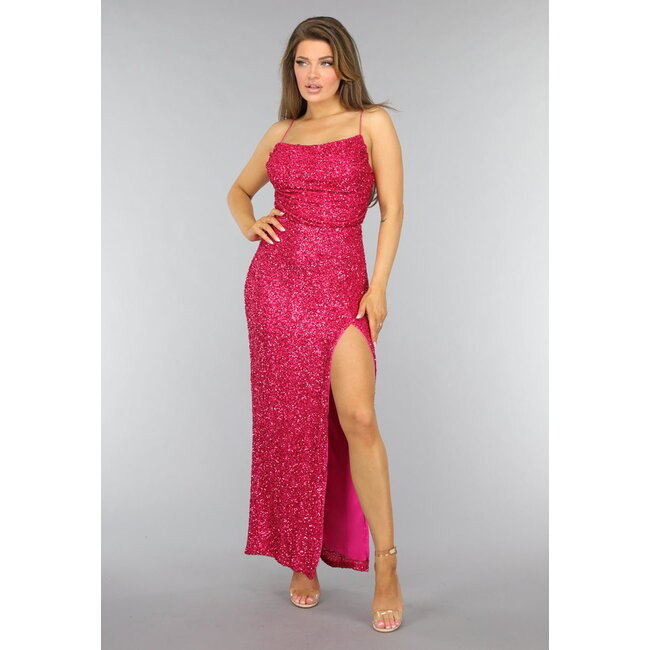 Rosa langes Paillettenkleid mit Schlitz