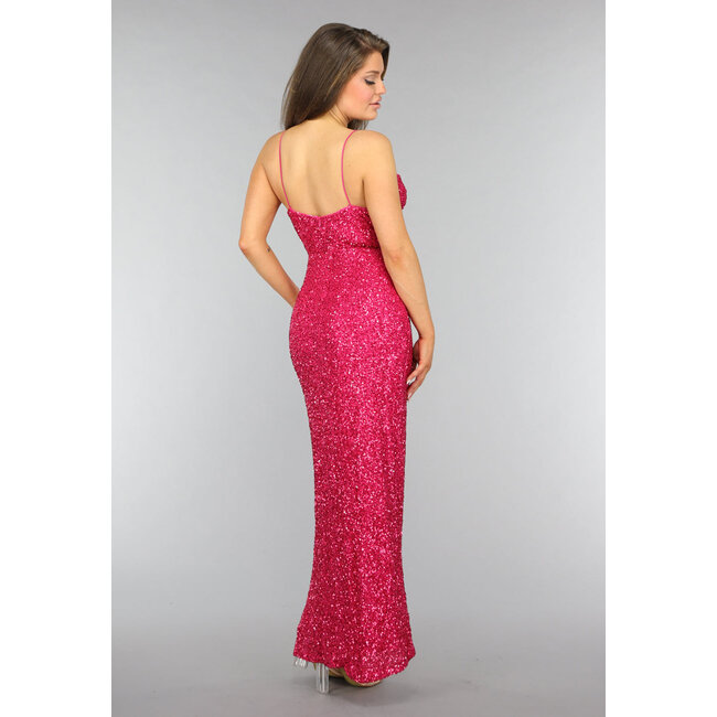Rosa langes Paillettenkleid mit Schlitz
