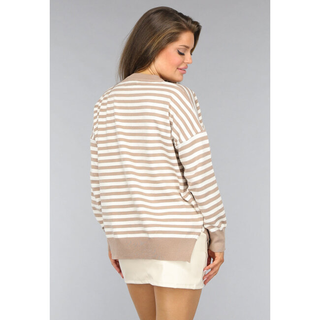 Beige gestreifter Pullover mit Schlitzen