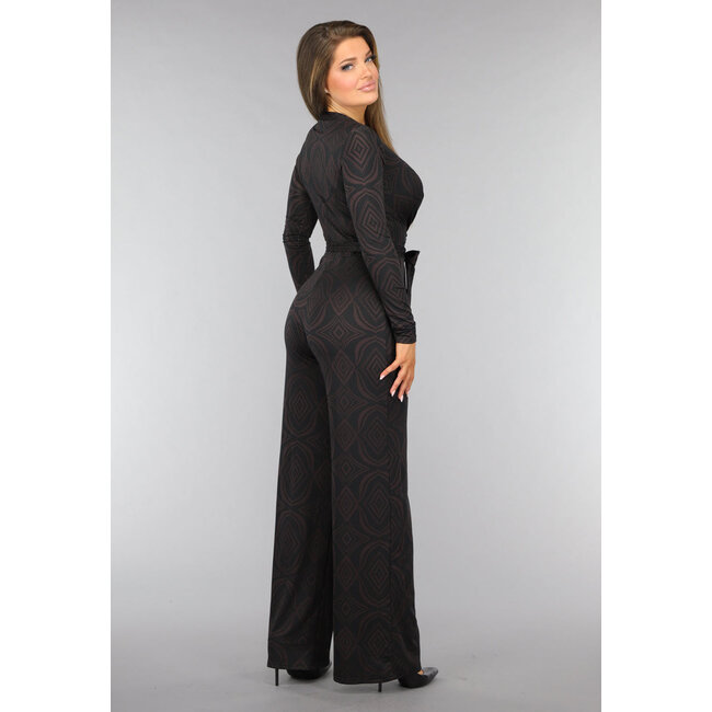 Dunkelbrauner Jumpsuit mit weitem Bein und Karomuster