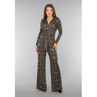 Schwarzer Overslag-Jumpsuit mit braunem Karomuster