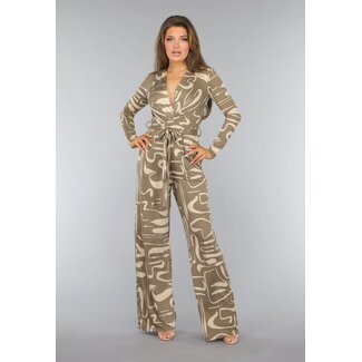 Beigefarbener Jumpsuit mit grafischem Muster