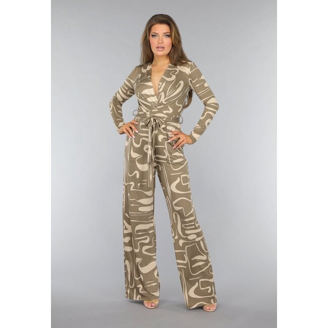 Beigefarbener Jumpsuit mit grafischem Muster und Taillenband