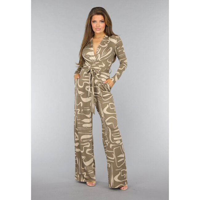 Beigefarbener Jumpsuit mit grafischem Muster und Taillenband