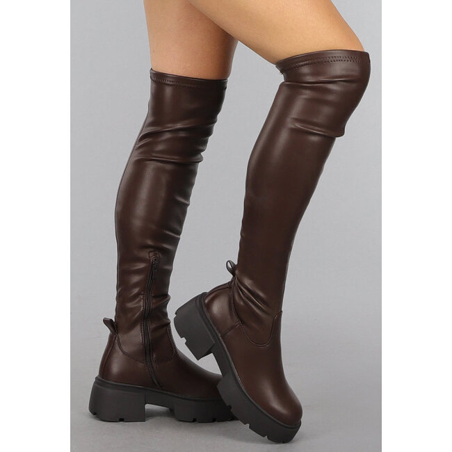 Dunkelbraune Overknee-Stiefel in Lederoptik