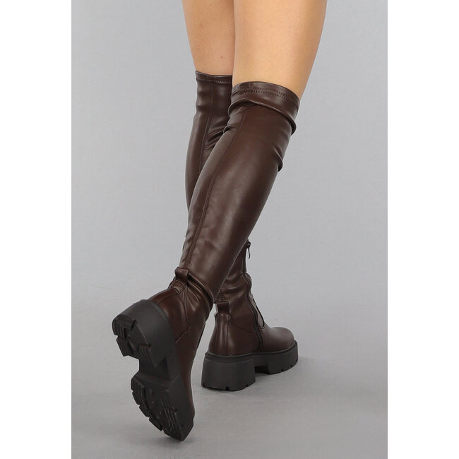 Dunkelbraune Overknee-Stiefel in Lederoptik