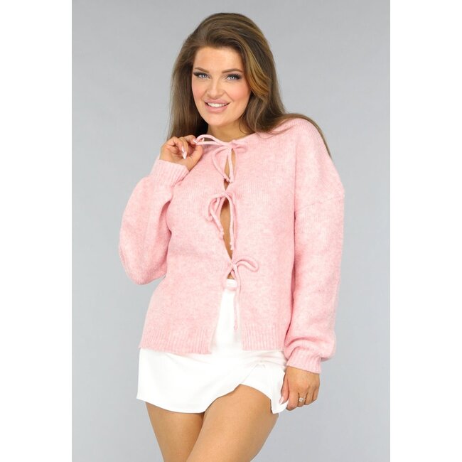 Rosa gestrickte Strickjacke mit Schleife