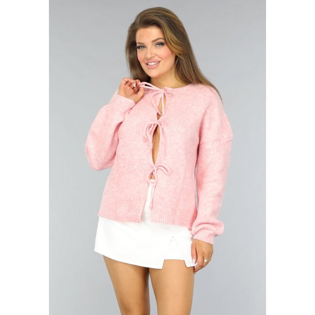 Rosa gestrickte Strickjacke mit Schleife
