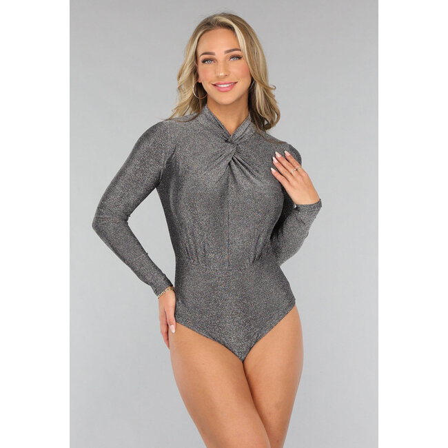 Silberner Langarm-Body mit Knopfleiste