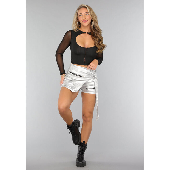 Schwarzes Rave Crop Top mit Mesh-Ärmeln und Häkchen-Verschluss