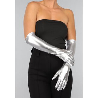 Lange metallisch-silberne Handschuhe