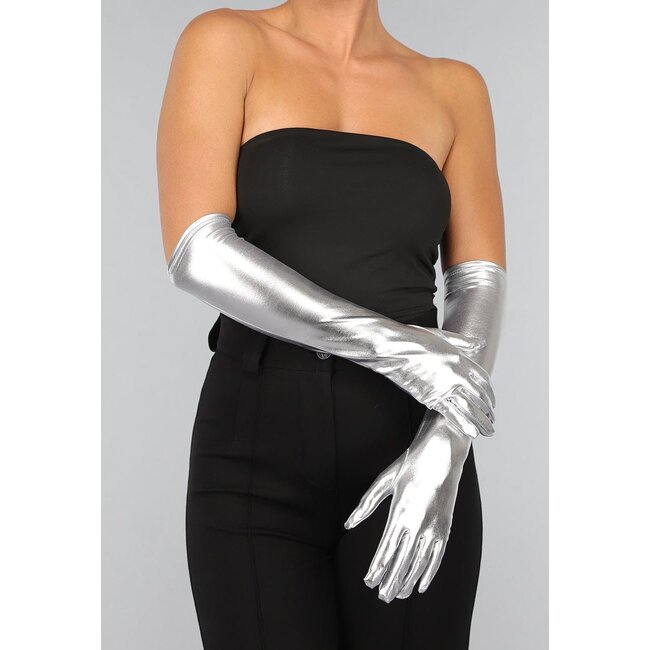 Lange metallisch-silberne Handschuhe