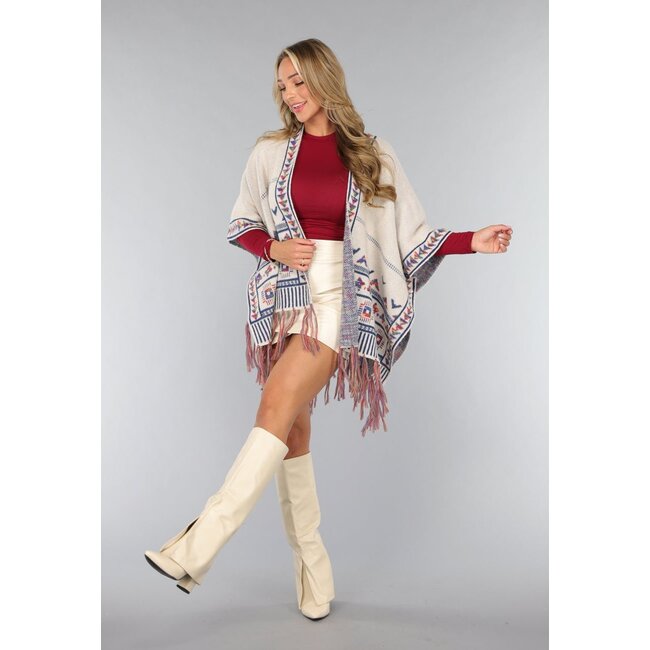 Beigefarbene Print-Strickjacke mit Fransen
