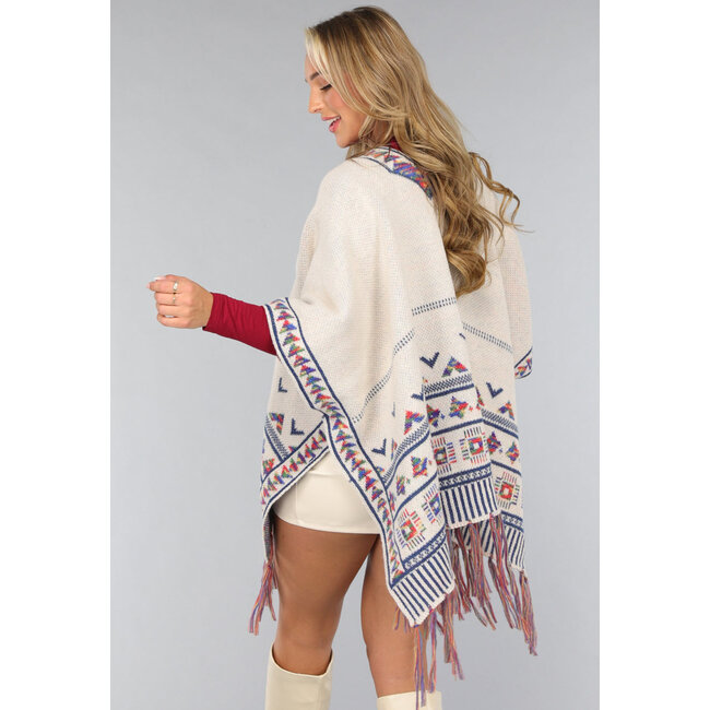 Beigefarbene Print-Strickjacke mit Fransen