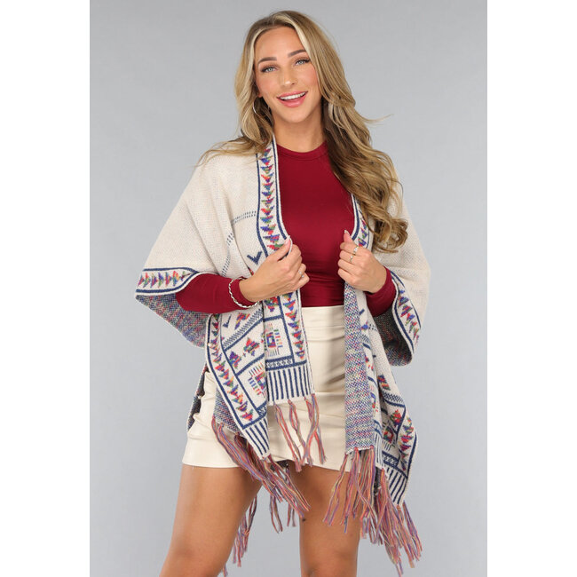 Beigefarbene Print-Strickjacke mit Fransen