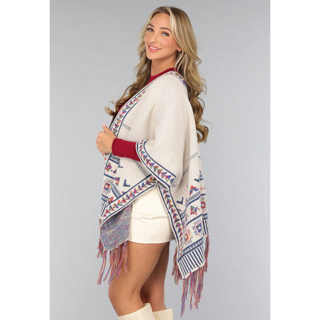 Beigefarbene Print-Strickjacke mit Fransen