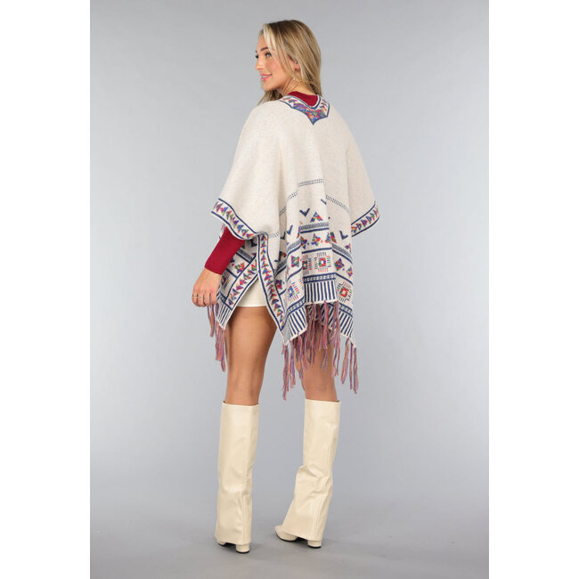 Beigefarbene Print-Strickjacke mit Fransen