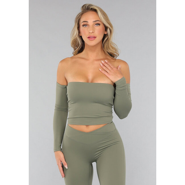Armeegrünes Off Shoulder Top mit langen Ärmeln