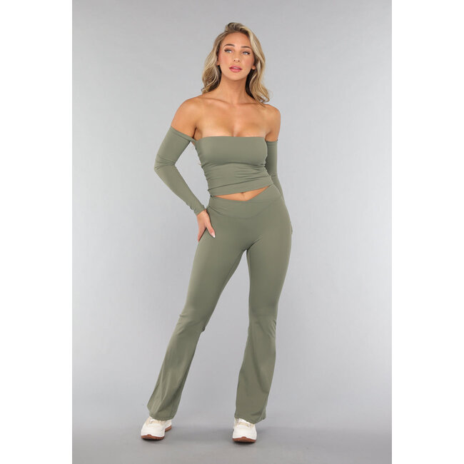 Armeegrünes Off Shoulder Top mit langen Ärmeln