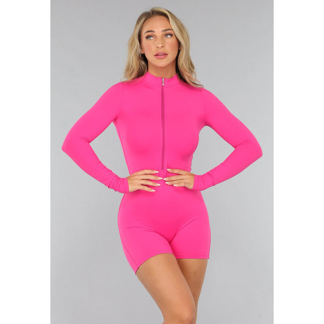 Harter pinker Sportlicher Playsuit mit Reißverschluss