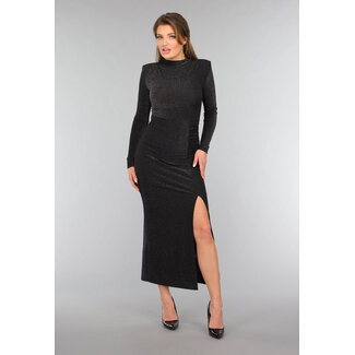 Schwarzes Glitzerkleid mit Schulterpolstern