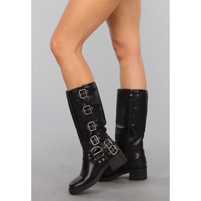 Schwarze Biker-Stiefel mit Schnallen-Details