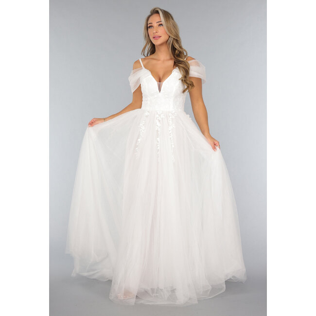 Brautkleid aus Spitze mit Tüllrock in Weiß