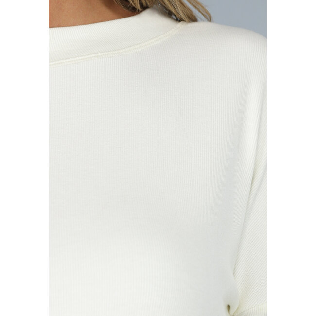 Cremefarbenes Lounge-Shirt aus geripptem Stoff mit offenem Rücken