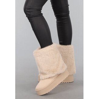 Beige Kunstfell-Stiefel mit Plateau
