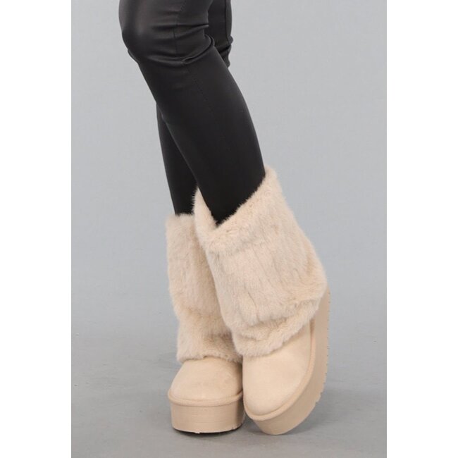 Beige Kunstfell-Stiefel mit Plateau