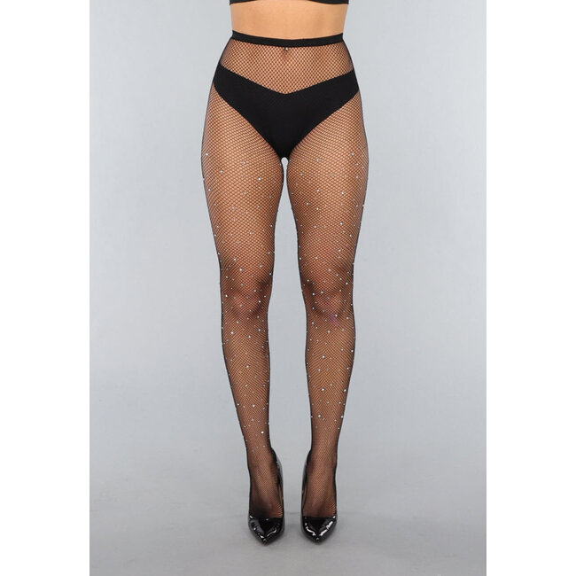 Schwarze Netzstrumpfhose mit Strasssteinen