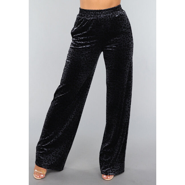 Marineblaue Velours-Hose mit Panther-Print